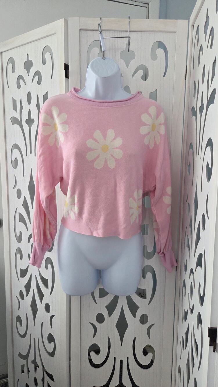 Ekouaer Pink Daisy Floral Knit Cropped Sweater Long Sleeve Pullover Size M